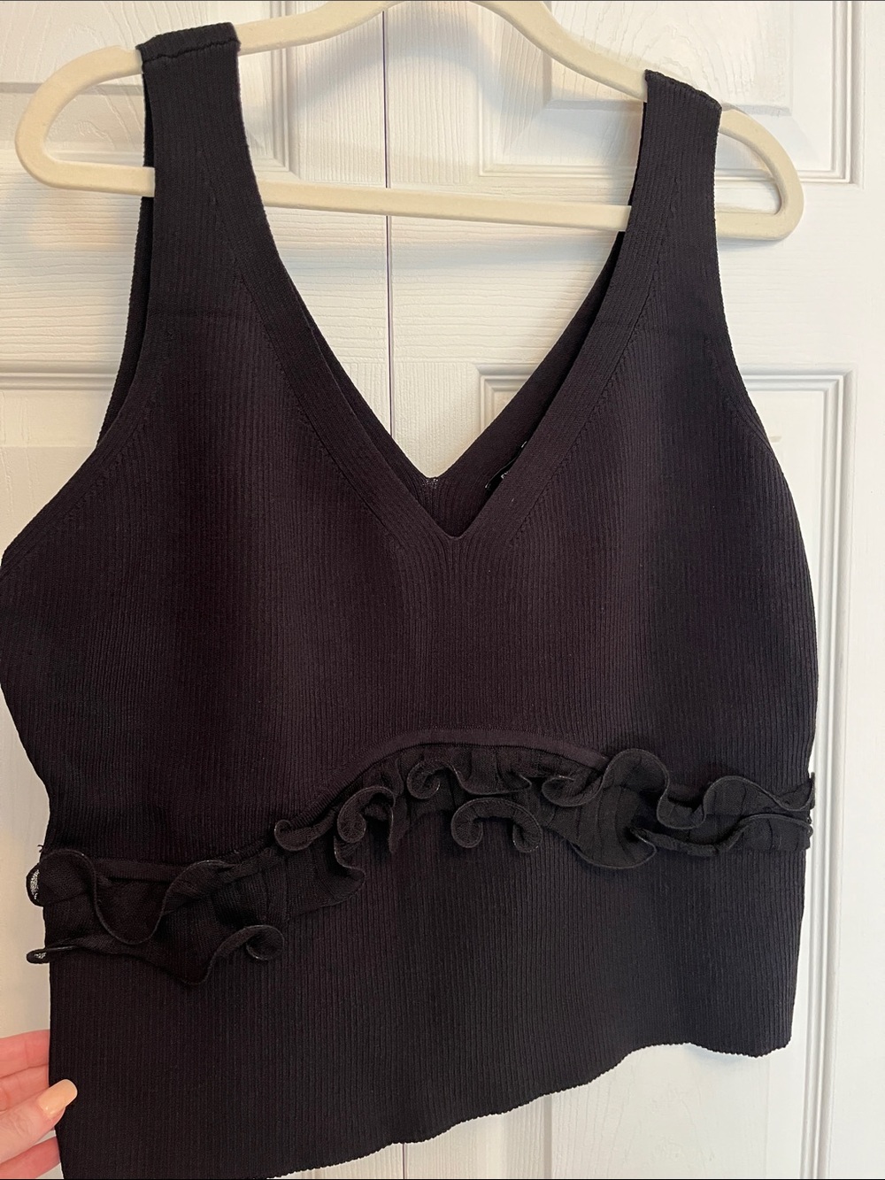 Express Black Ribbed V-Neck Tank with Ruffle Detail